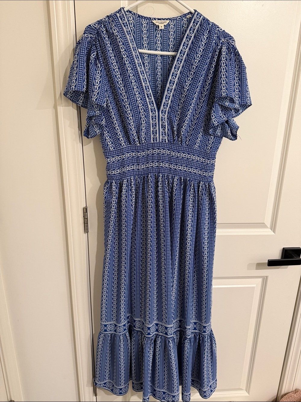 Max Studio Blue Printed V-Neck Midi Dress